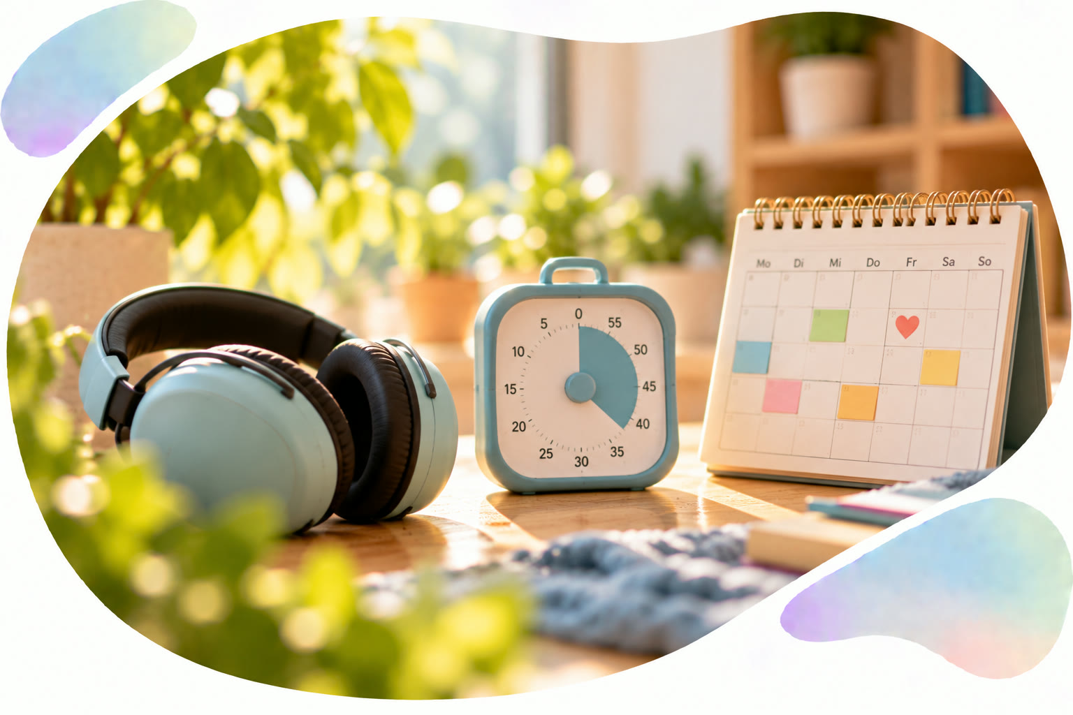 Kopfhörer, Timer und Kalender auf einem Schreibtisch